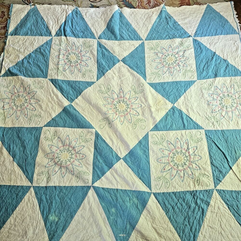 Vintage Cutter Quilt Blue White Cross Stitch Hand Quilted Floral 78x77 Repair